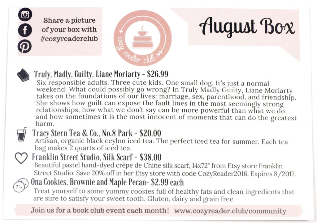 August 2016 Cozy Reader Club info card